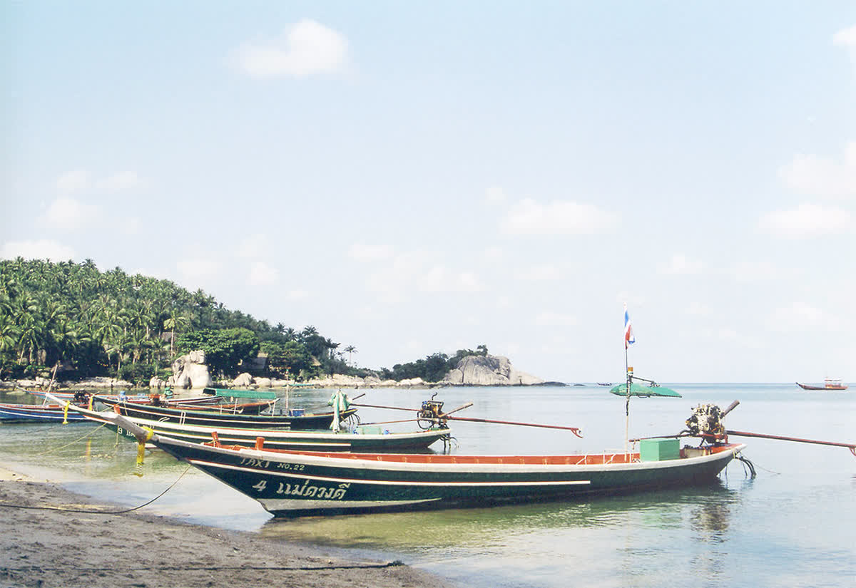 A row of Thai longtail boats moored along Mae Haad beach at Koh Tao